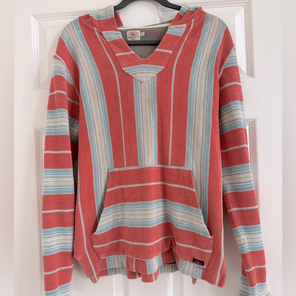 FAHERTY BRAND Women’s Striped Hooded Cotton Poncho Small coral blue and white